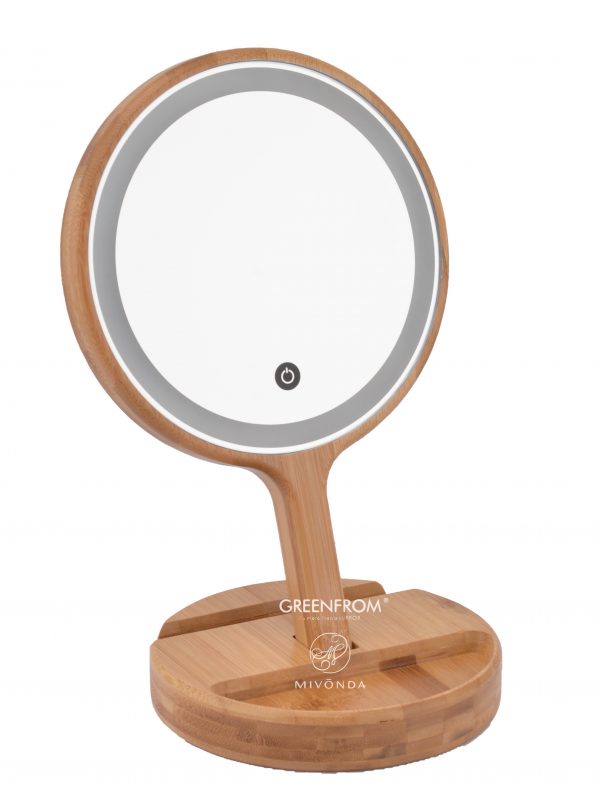 Wholesale Manufacturer Supply 7 Inches Bamboo LED Hand Mirror with a Basement